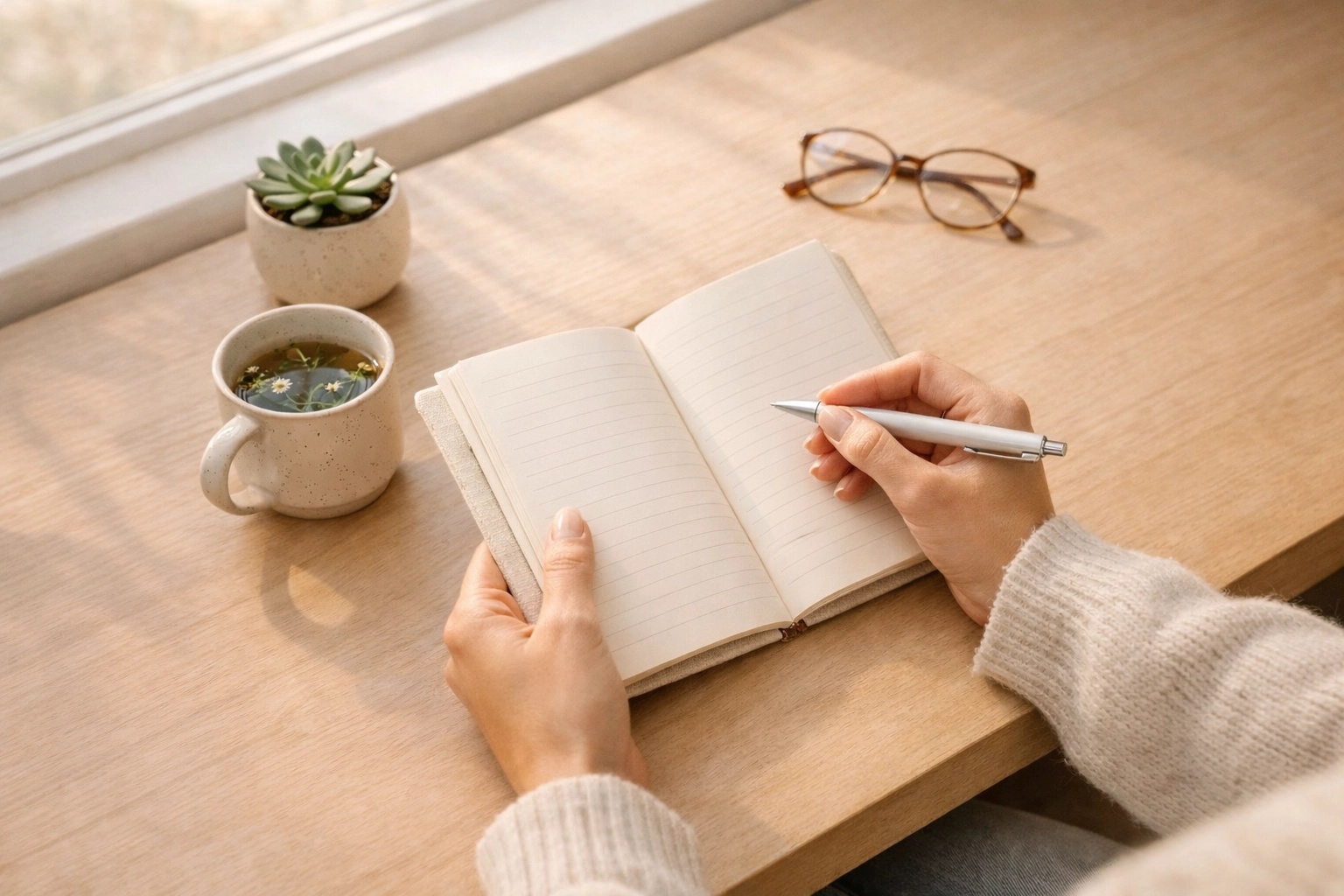 Woman journaling for mental health reflection and self-care at home workspace