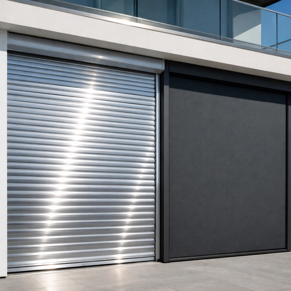 Sonnenschutz in Wien: Vergleich zwischen Rollladen und windstabilem Zip Screen an einer Fassade.