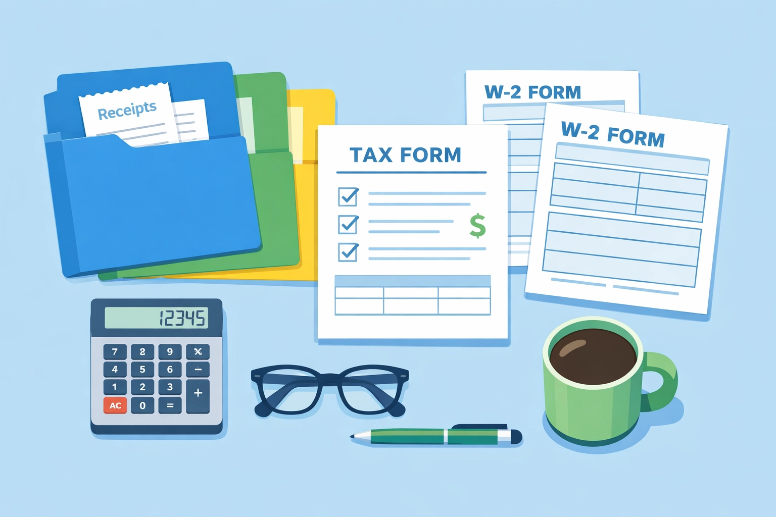 Organized tax documents and receipts arranged on desk for New Haven tax preparation