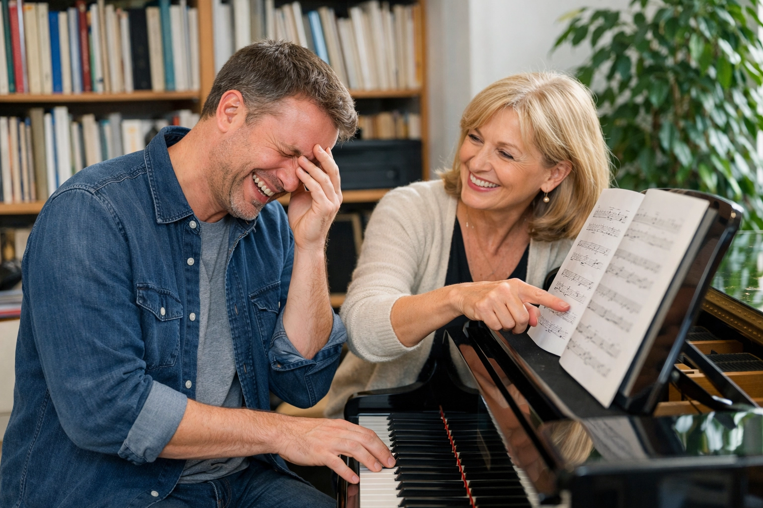 Adult student and professional instructor enjoying a supportive piano lesson at KeyNotes Piano Studio.
