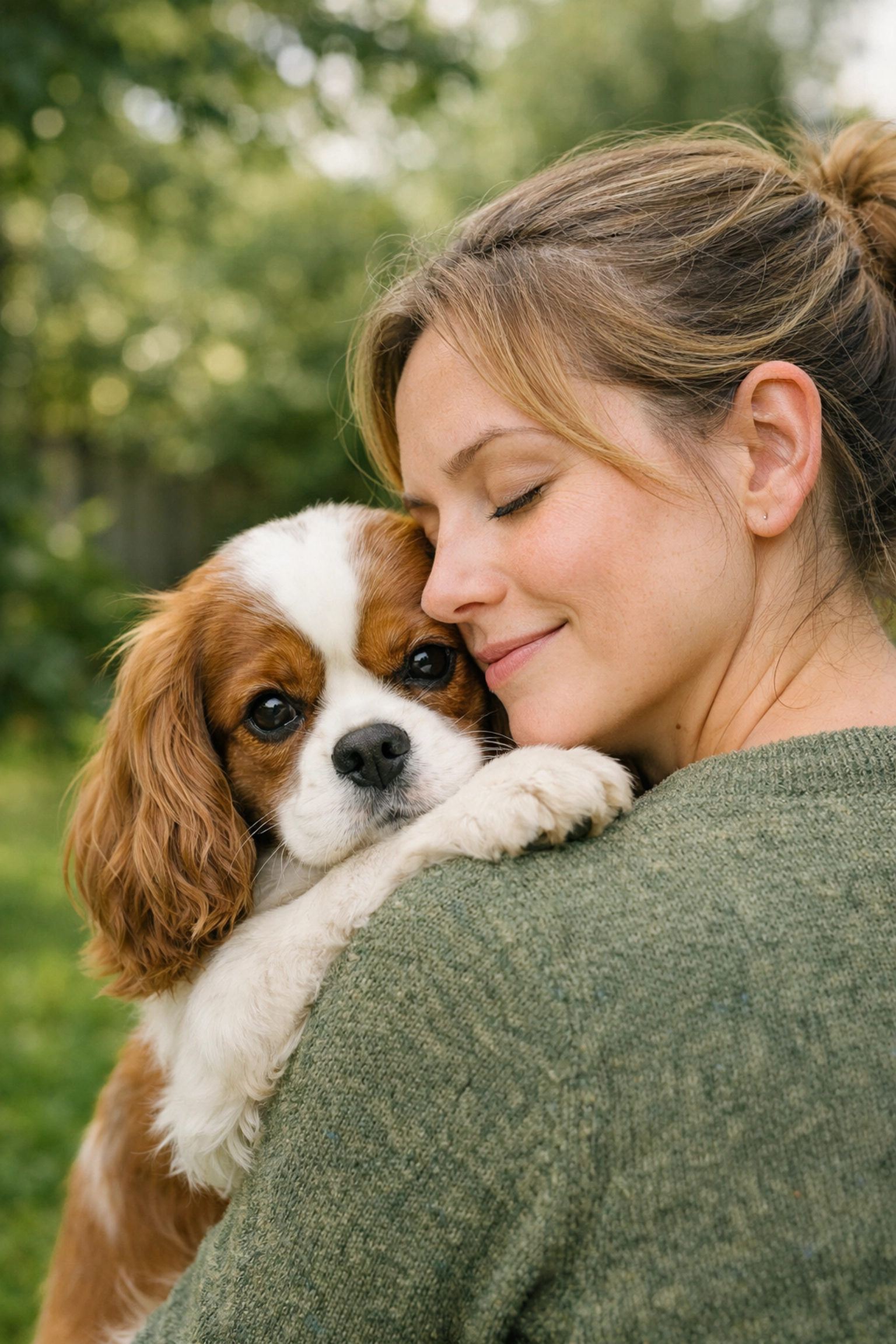 A therapy-quality Cavalier King Charles Spaniel providing comfort and stress relief in a Boring, Oregon garden.