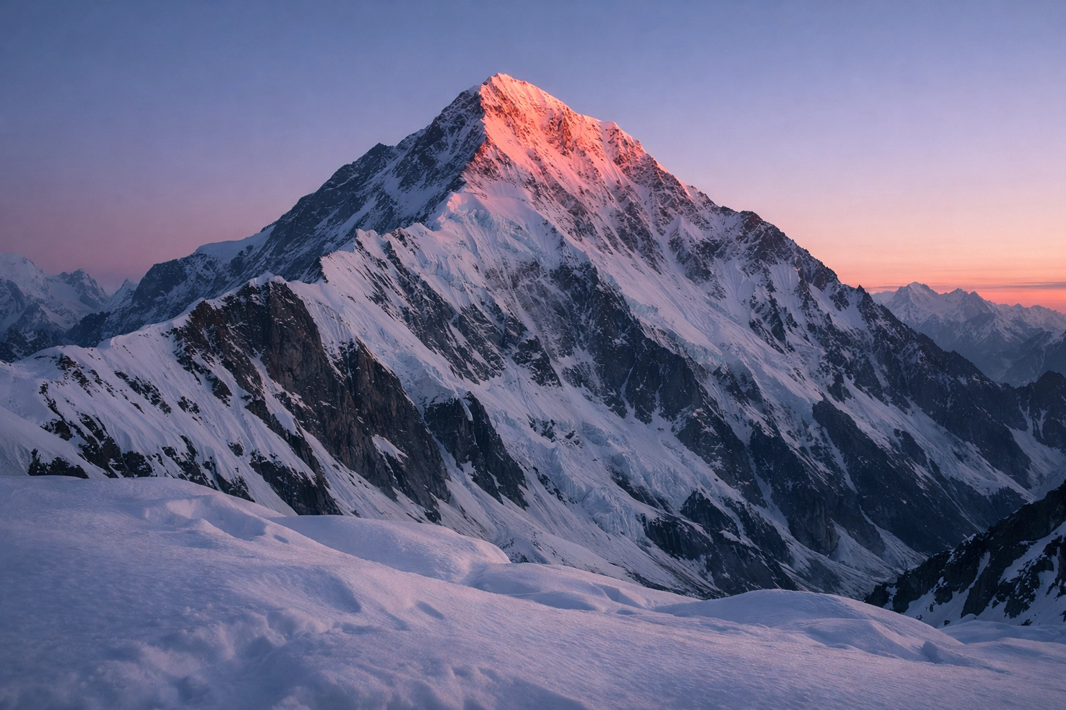 Snow-covered Alpine mountain peak at dawn where avalanche claimed eight skiers