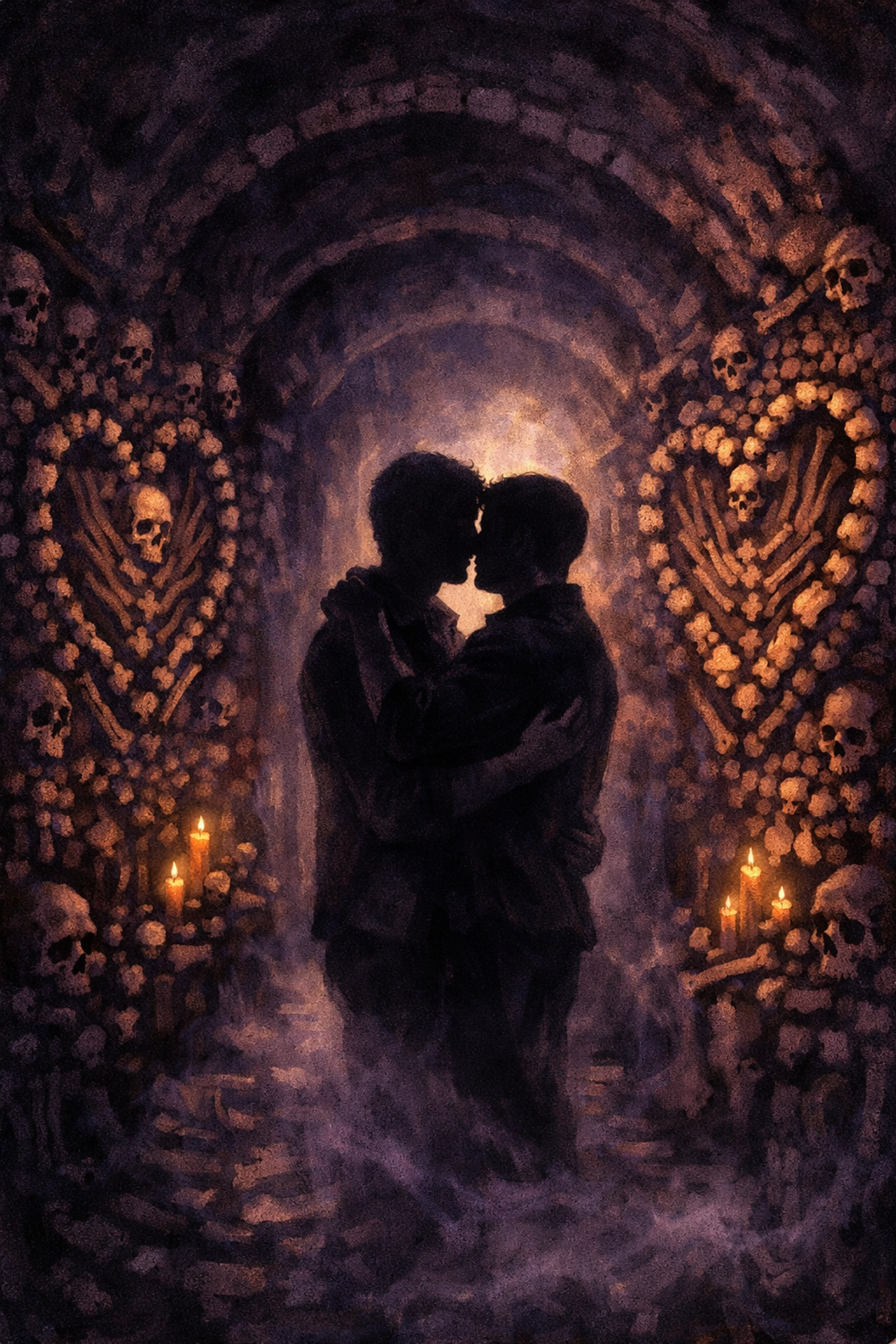 Gay couple embracing in gothic catacombs tunnel surrounded by bone-lined walls