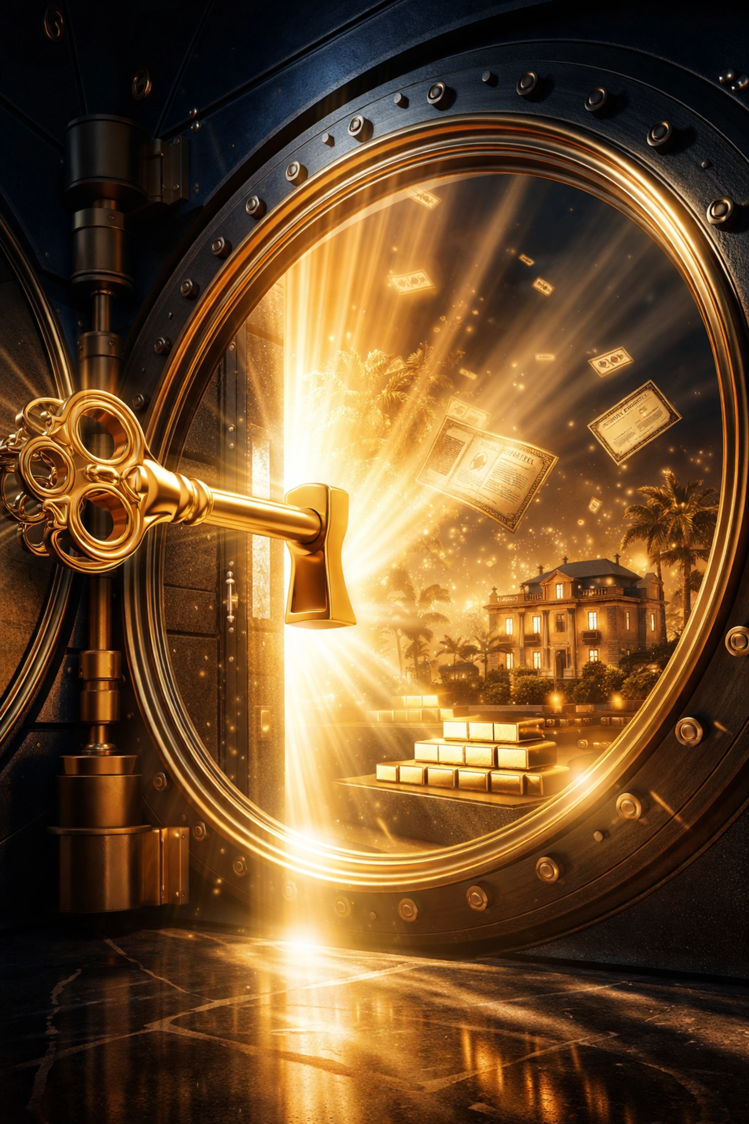 Golden key unlocking vault with luxury assets symbolizes access to exclusive investment opportunities.