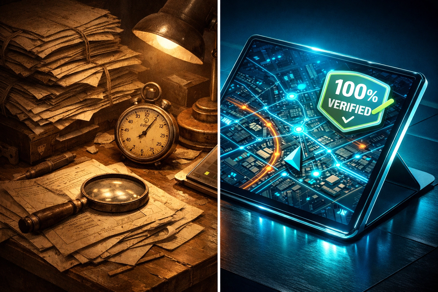Digital-1st AI verification tablet showing real-time proof of posting map vs manual paperwork.