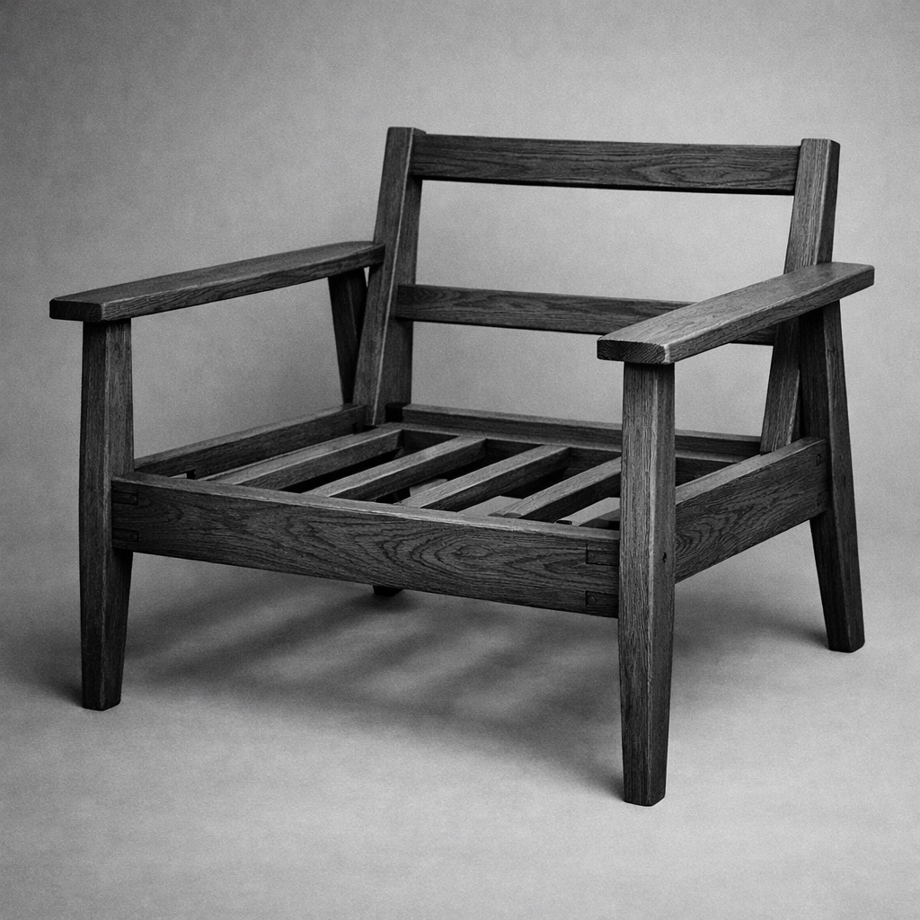 A high-quality solid wood armchair frame ready for professional furniture restoration and custom foam.