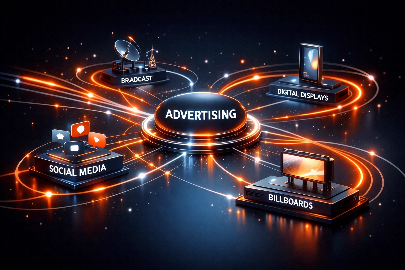 Multi-channel advertising network ecosystem connecting billboards, social media, and digital platforms