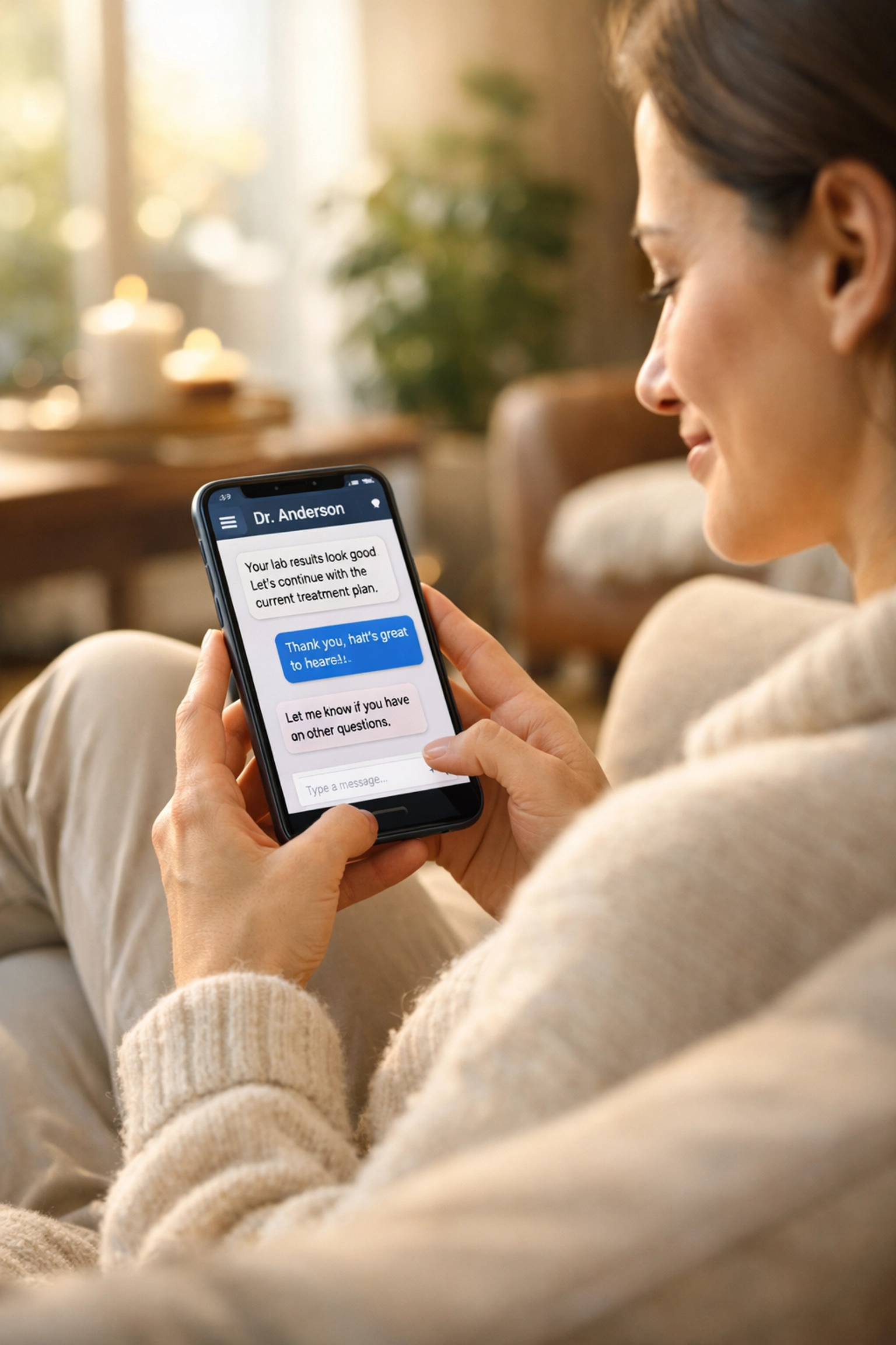 A person comfortably using secure medical messaging on a smartphone for 24/7 primary care advice at home.