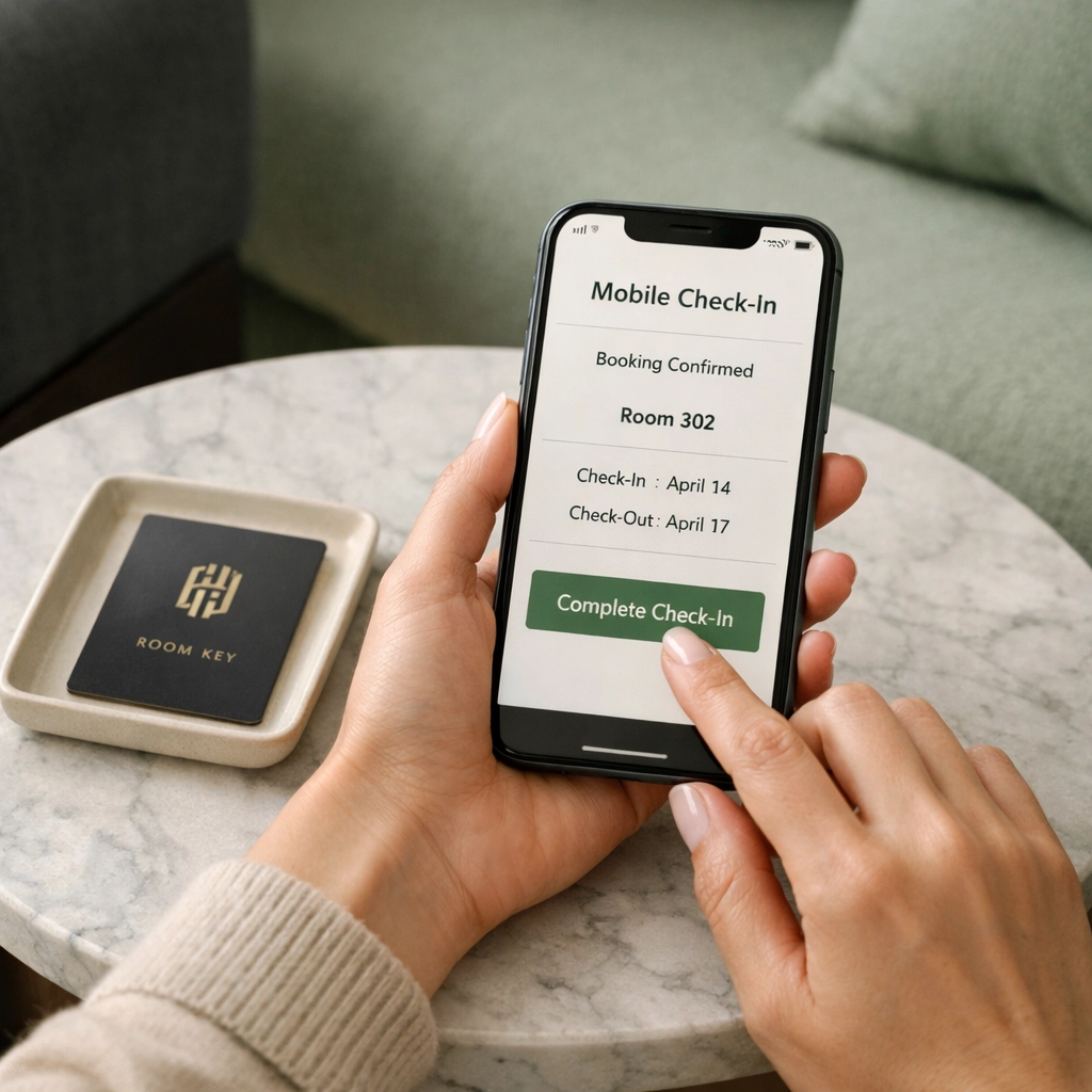 Guest using a smartphone for mobile check-in at a modern hotel lounge.