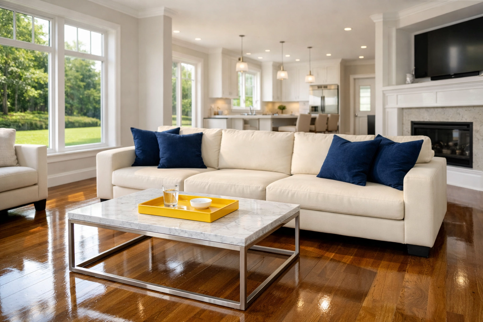 Pristine living room in Franklin MA after weekly house cleaning services showing bright and organized spaces.
