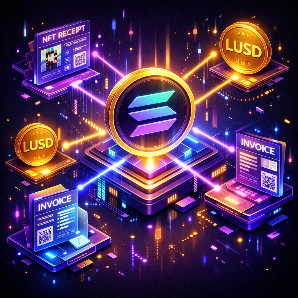 Web3 payment ecosystem featuring NFT receipts, LUSD stablecoin, and receivables tokens