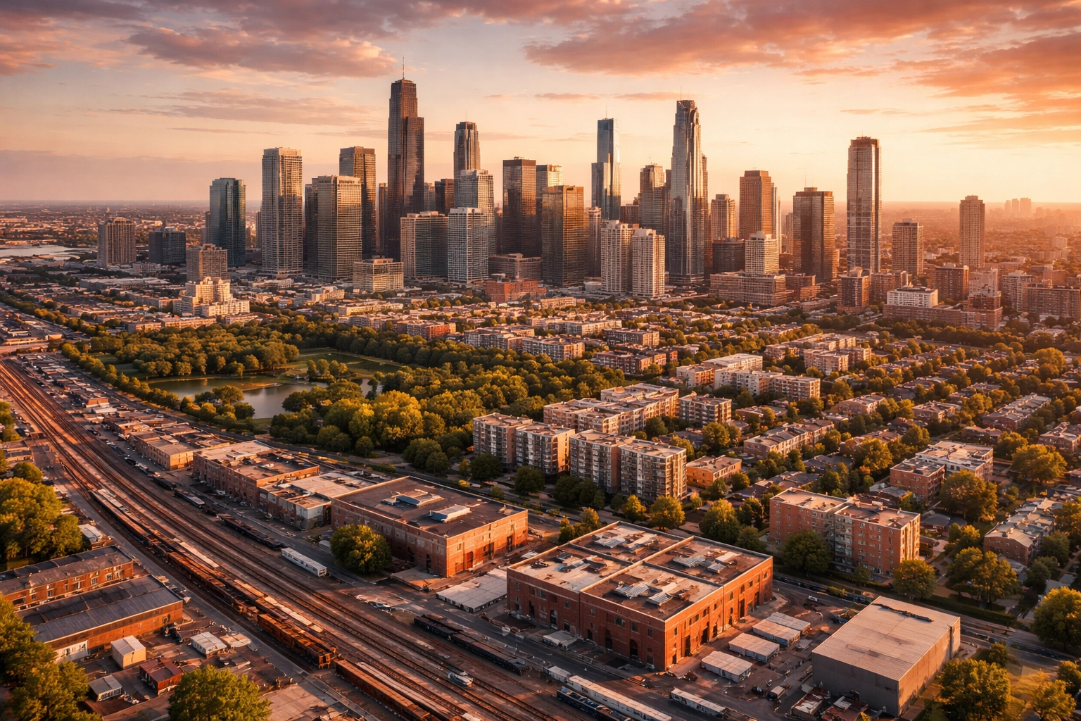 Aerial cityscape at sunset with varied buildings and parks, highlighting global diversification and alternative investments.