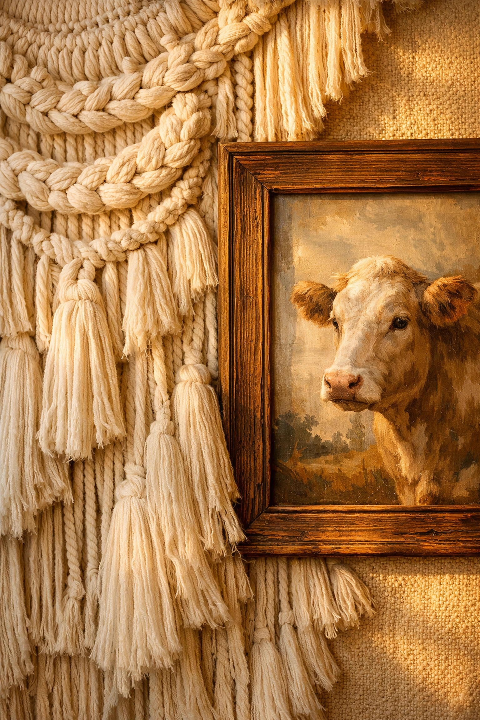Cream macramé fiber wall hanging layered with a rustic cow painting in a living gallery.