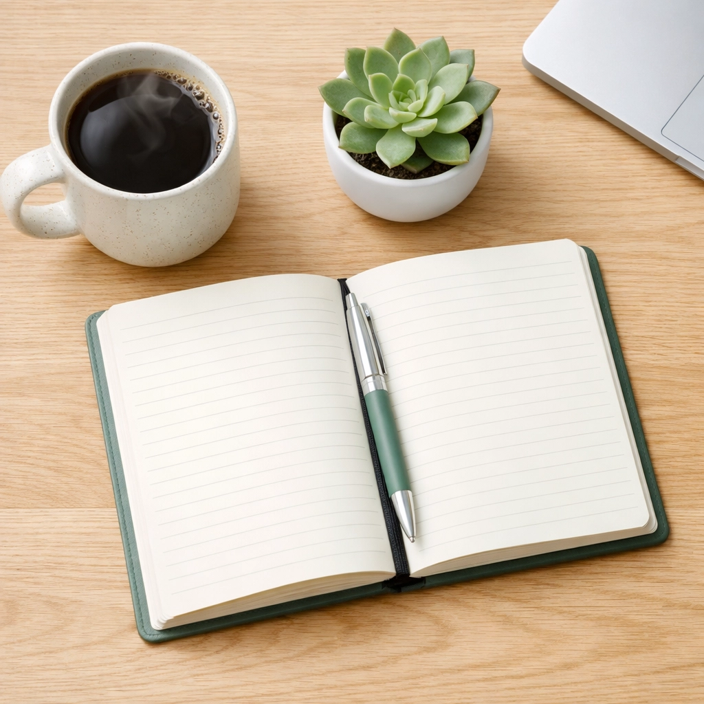 A clean workspace with a notebook and coffee, representing personal loan management and financial health.