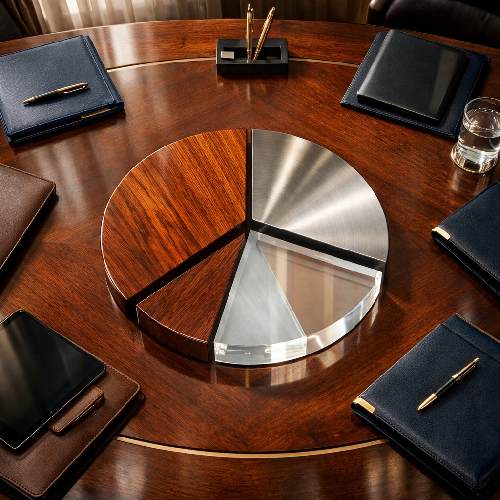 Portfolio allocation strategy displayed on boardroom table with various asset classes