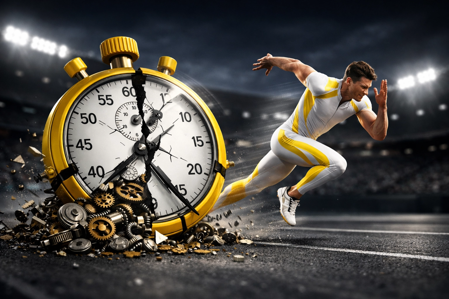 Sprinter and broken stopwatch illustrating why speed-to-lead fails without real estate lead nurturing.
