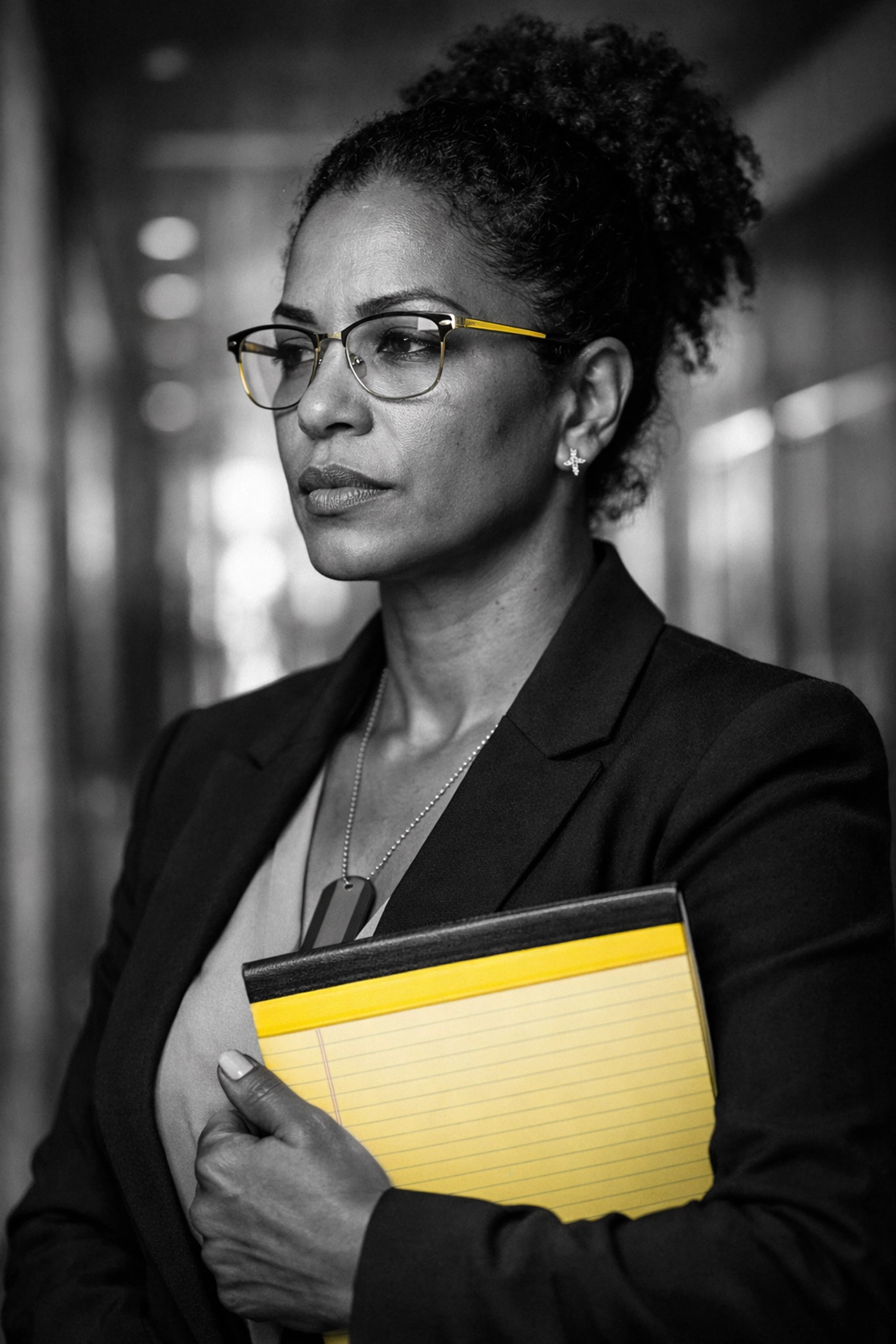 Afro-Latina veteran woman in an office hallway reflecting on the pressure of masking identity at work.