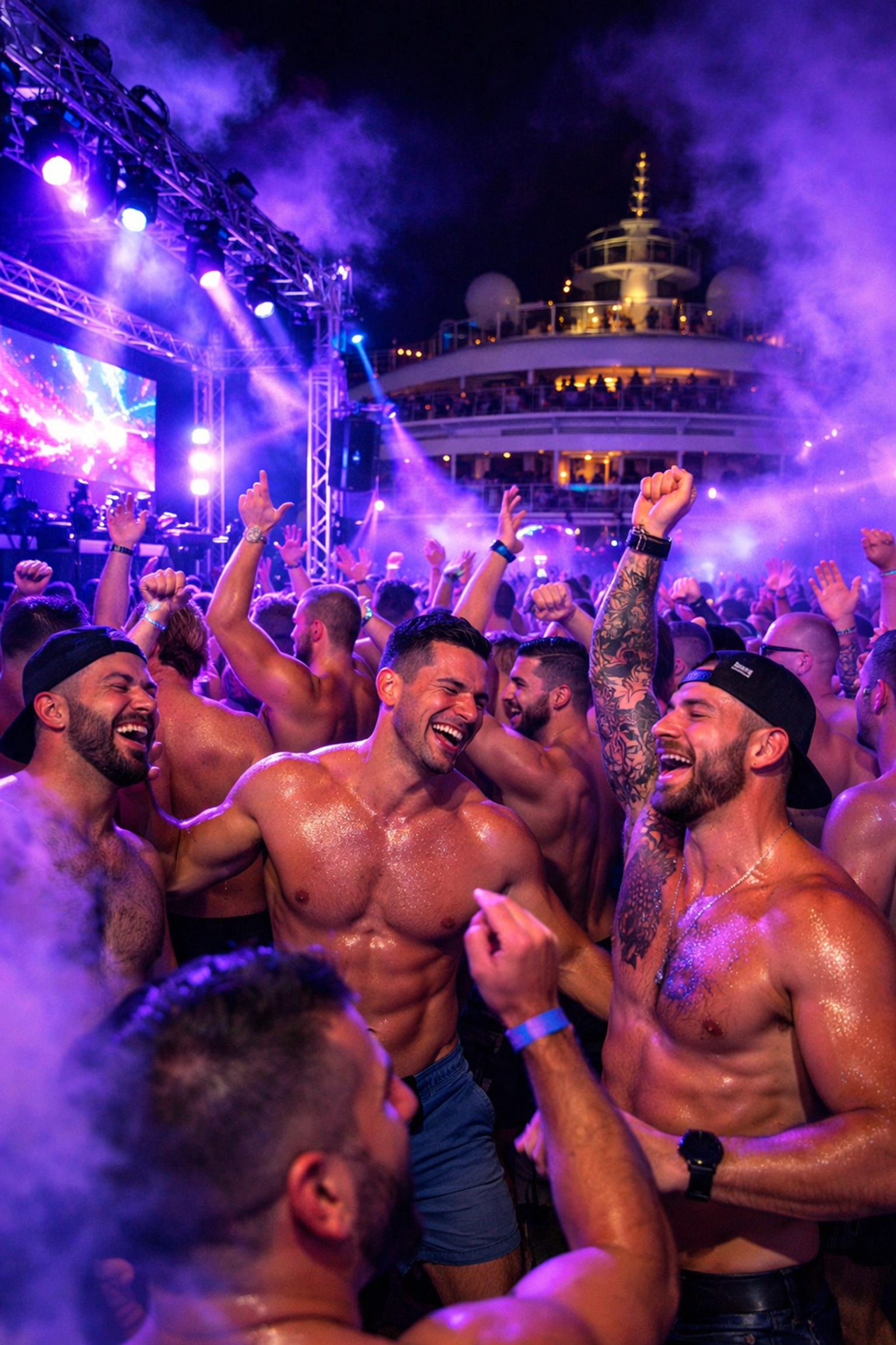Circuit party with gay men dancing under lights on cruise ship