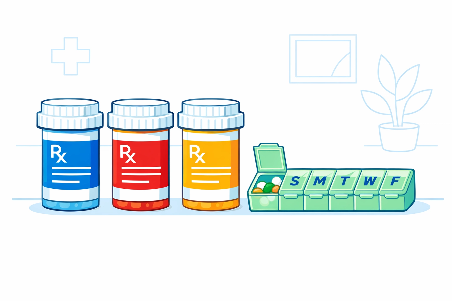 Color-coded prescription bottles with pill organizer preventing medication confusion