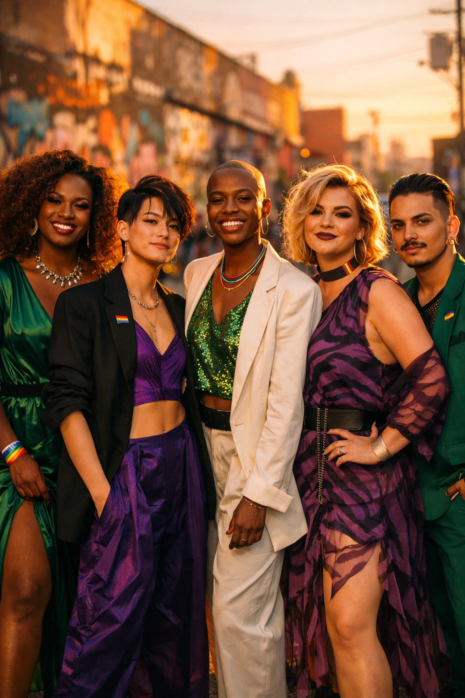 LGBTQ+ individuals in gender-fluid fashion expressing pride and authenticity through activist clothing