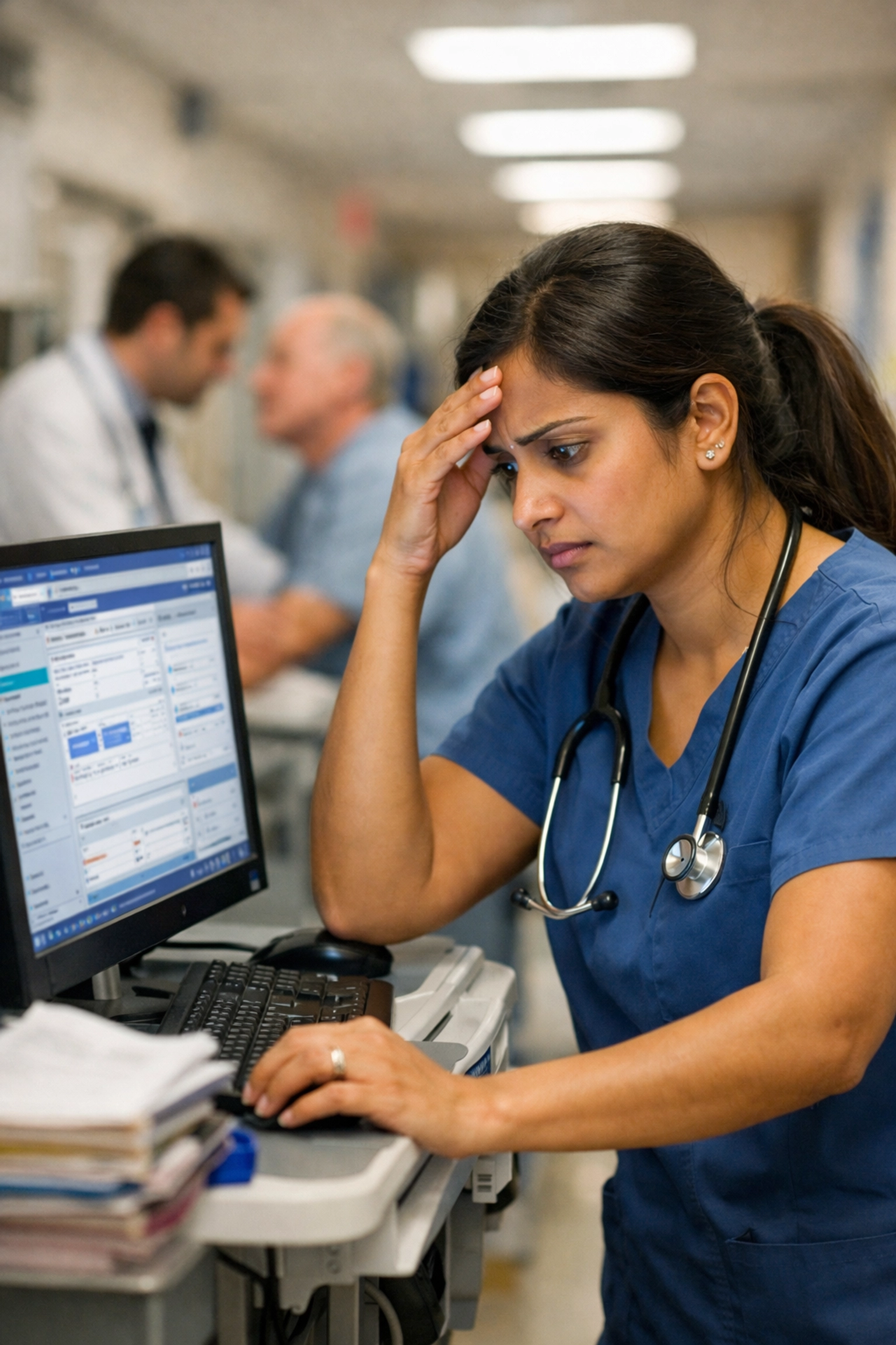 A nurse at a mobile workstation frustrated by complex AI software in a hospital corridor.
