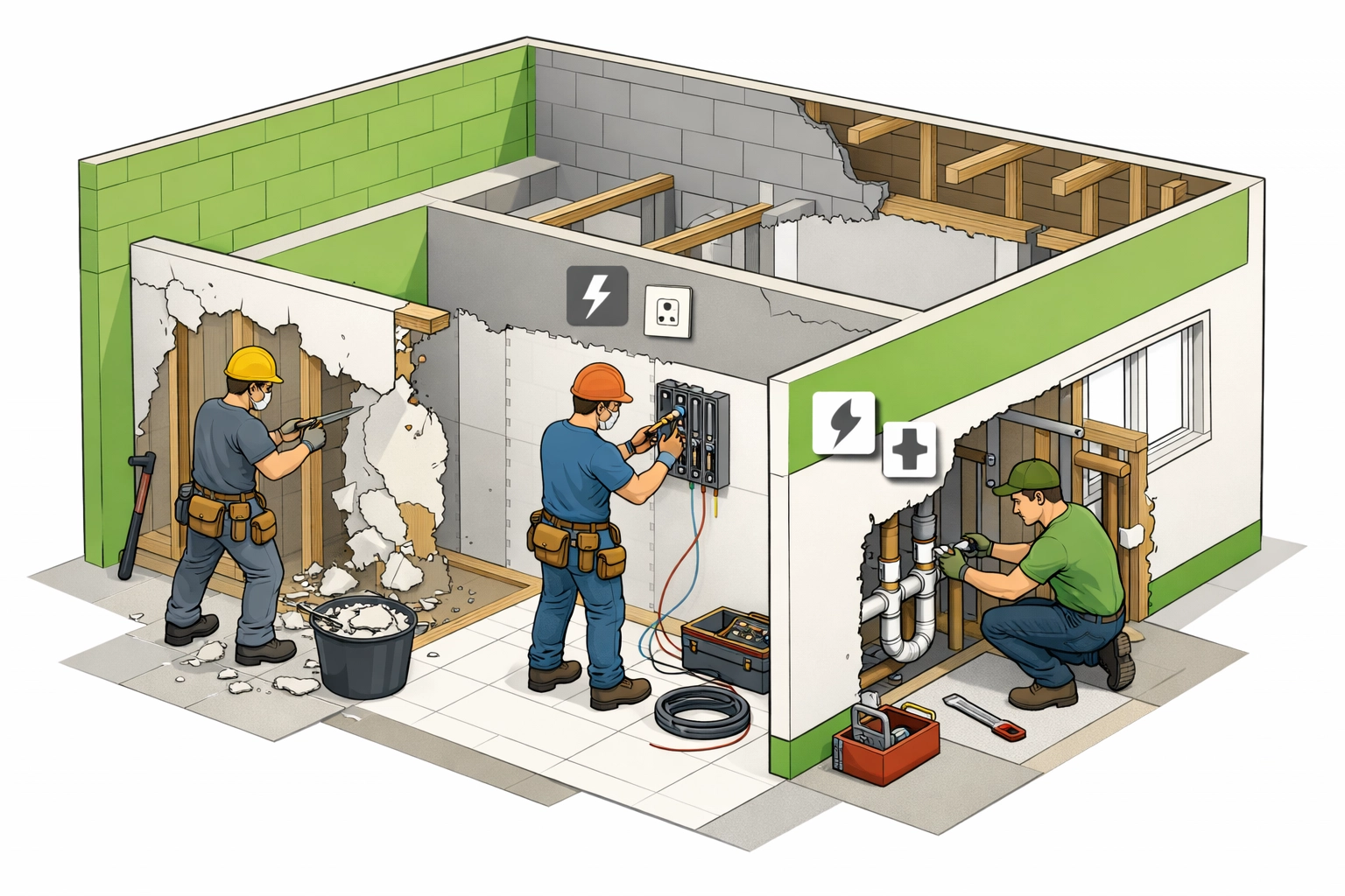 Multiple contractors coordinating selective demolition work with electrician and plumber