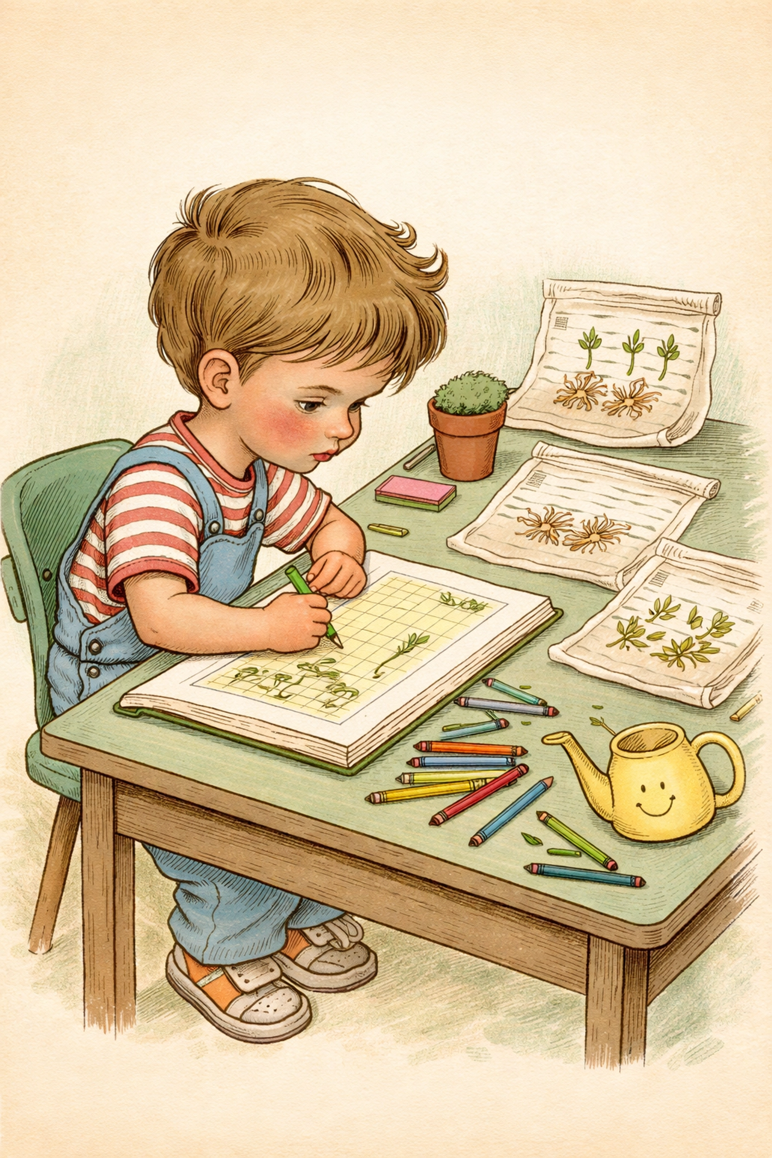 Child draws a seed data chart at a desk, tracking results of the paper towel seed germination test for kids.