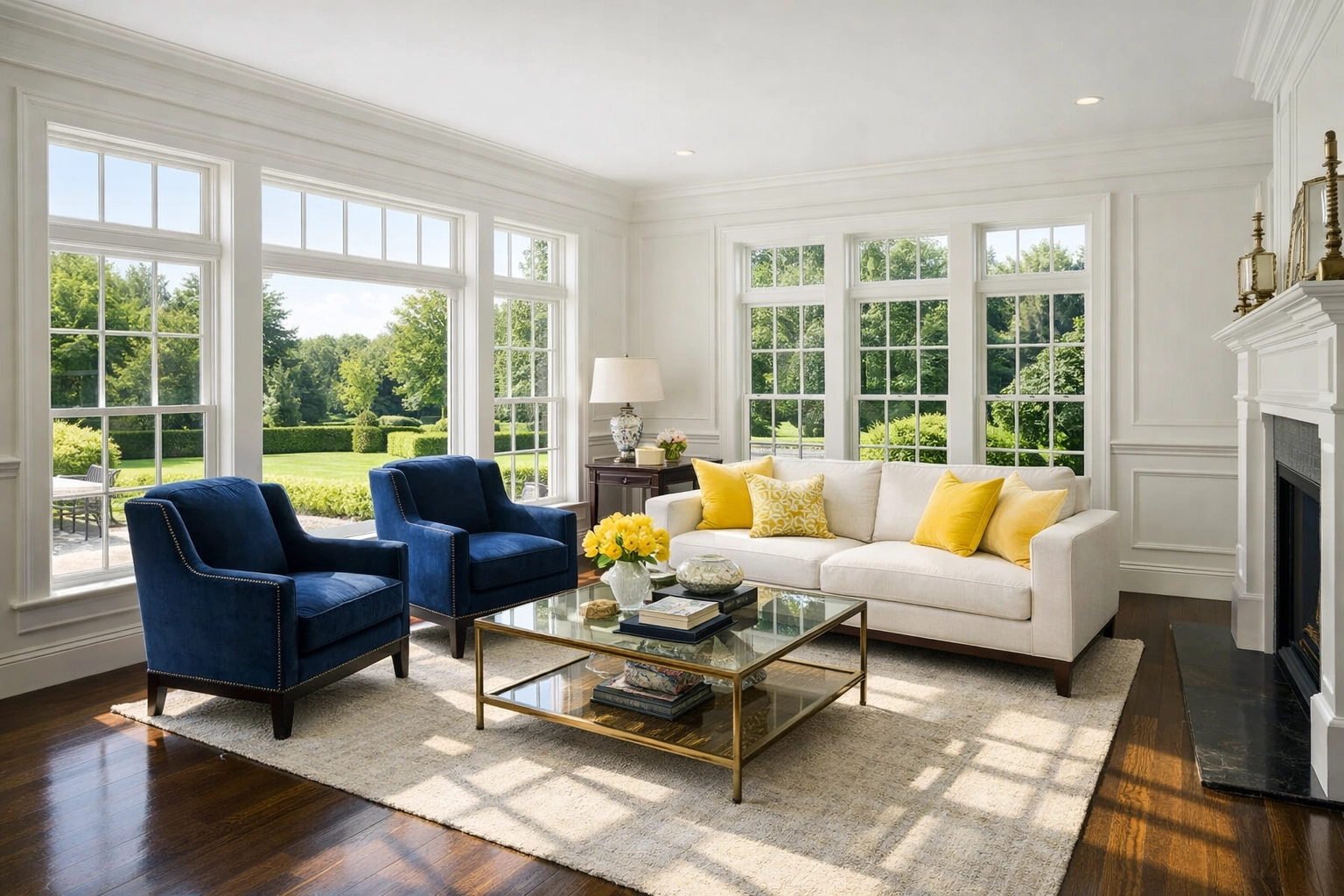 Professionally deep-cleaned living room in a Massachusetts luxury estate with spotless hardwood floors.