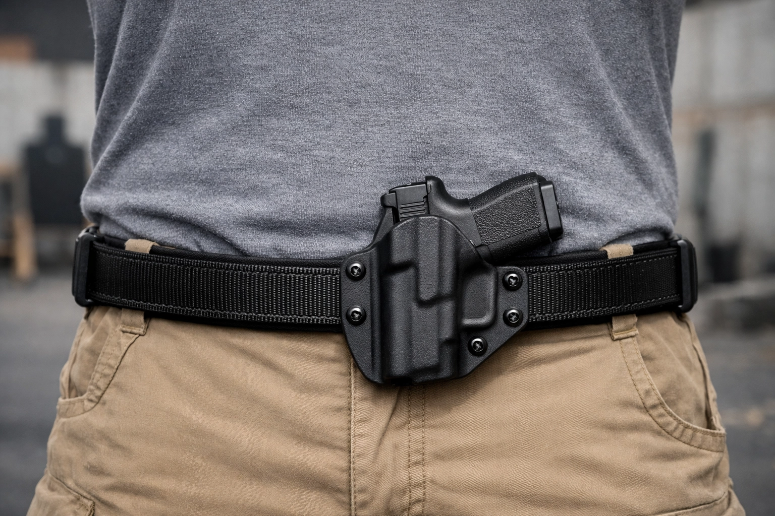 Rigid black nylon gun belt providing support for a Kydex IWB holster and concealed carry firearm.