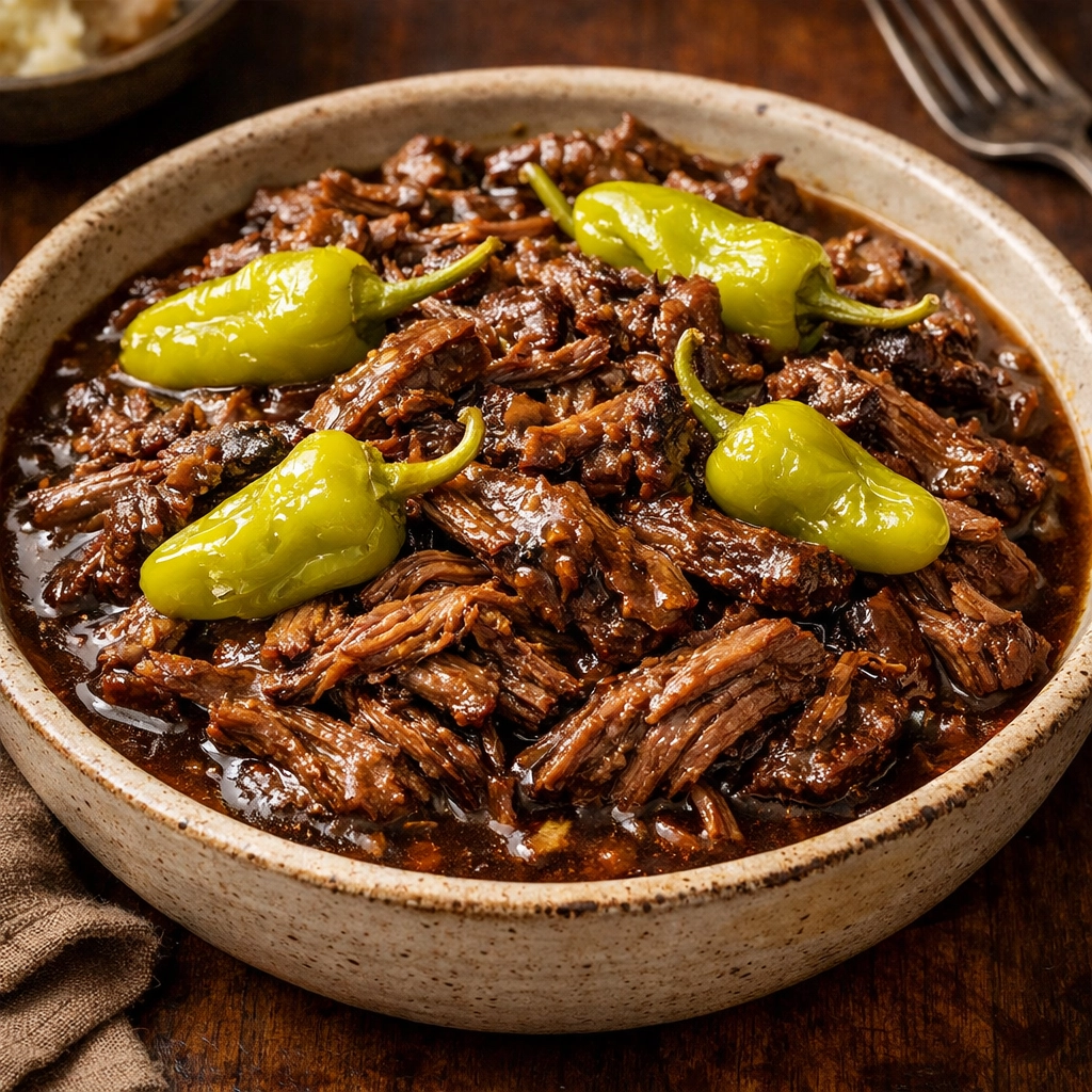 Slow-cooked Mississippi Pot Roast with savory gravy and peppers, a delicious 5-ingredient dinner.