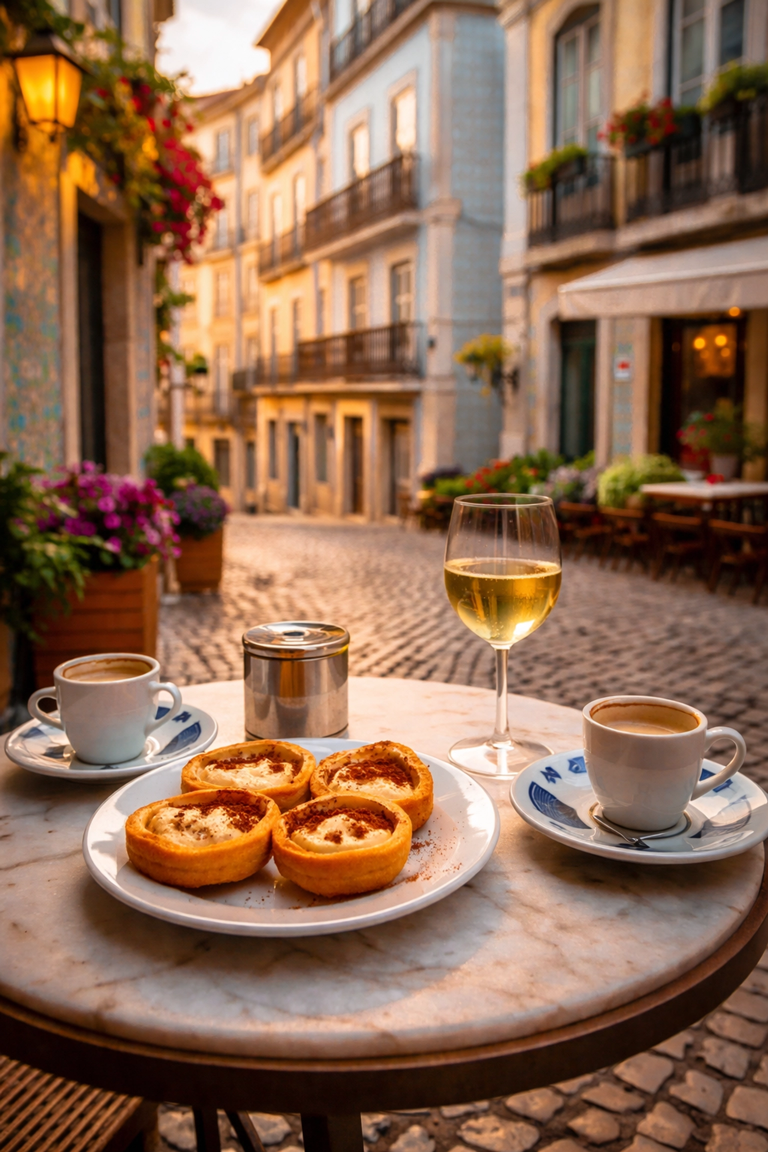 Outdoor café in Lisbon with local pastries and wine highlights Portugal’s affordable culture and vibrant street life.
