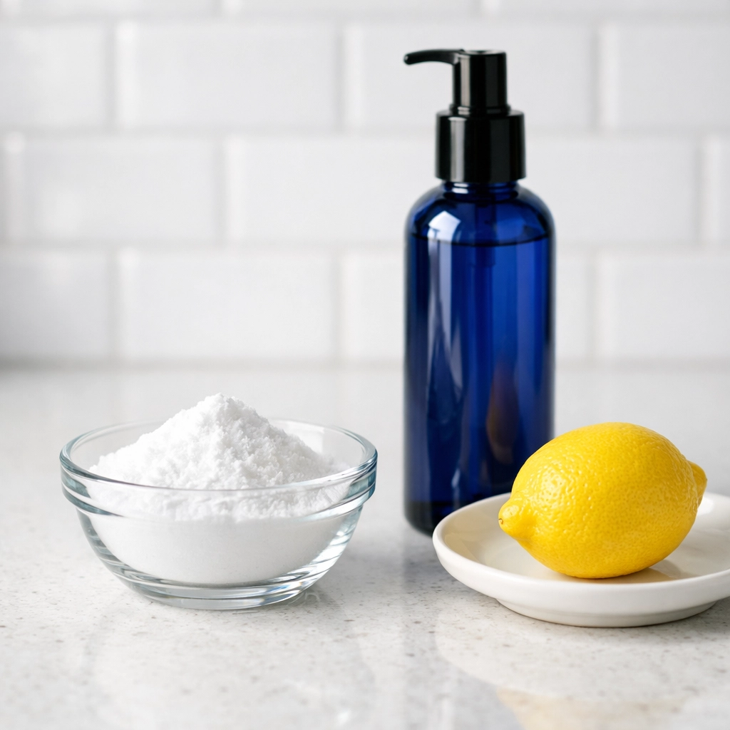 Eco-friendly cleaning ingredients including baking soda for brightening bathroom floor grout.