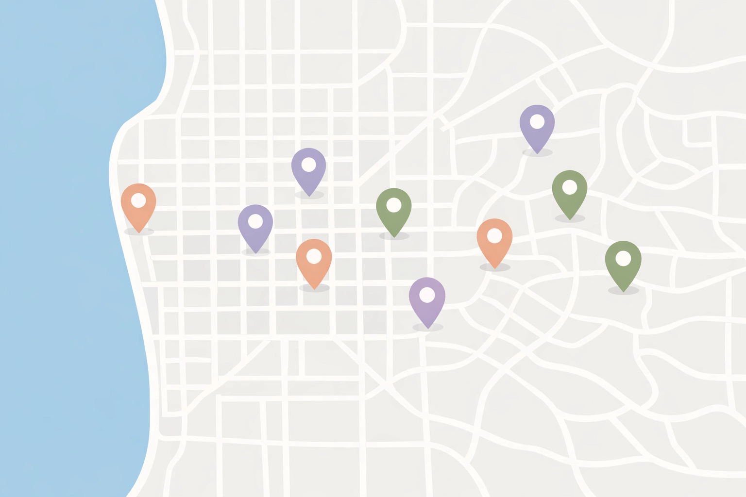 A clean map showing business locations across Adelaide suburbs to illustrate hyper-local search visibility.