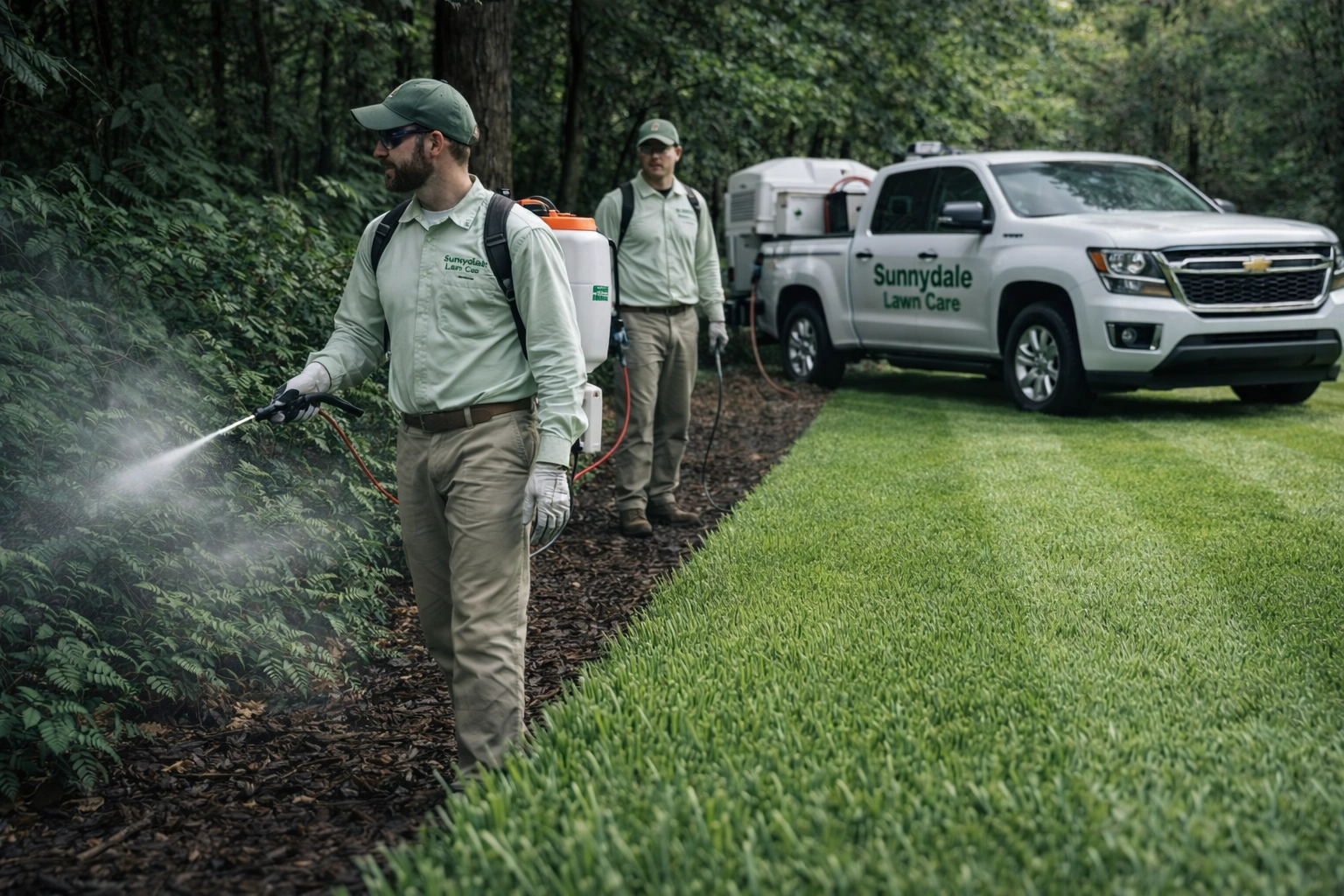 Professional mosquito barrier treatment being applied to lawn edges and foliage near a wood line.