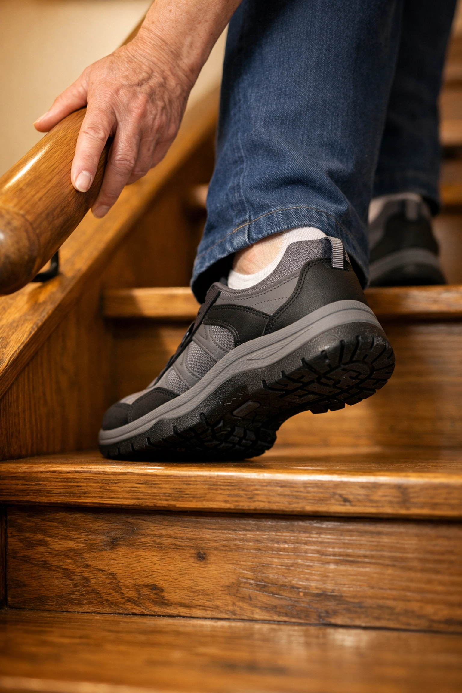 Senior using a graspable handrail and non-slip shoes to safely navigate home stairs.