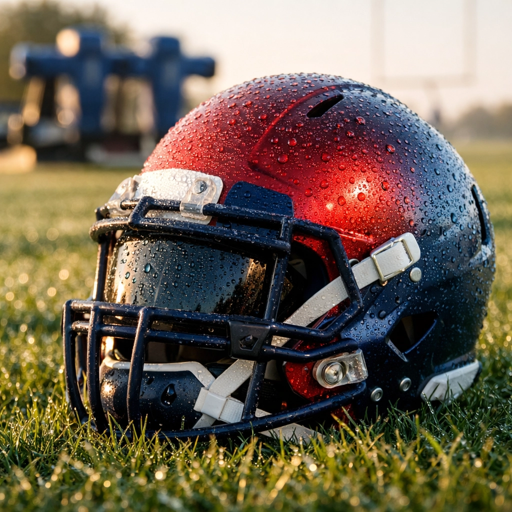 Close-up of a red and blue Montreal Alouettes helmet on the grass during CFL training camp.