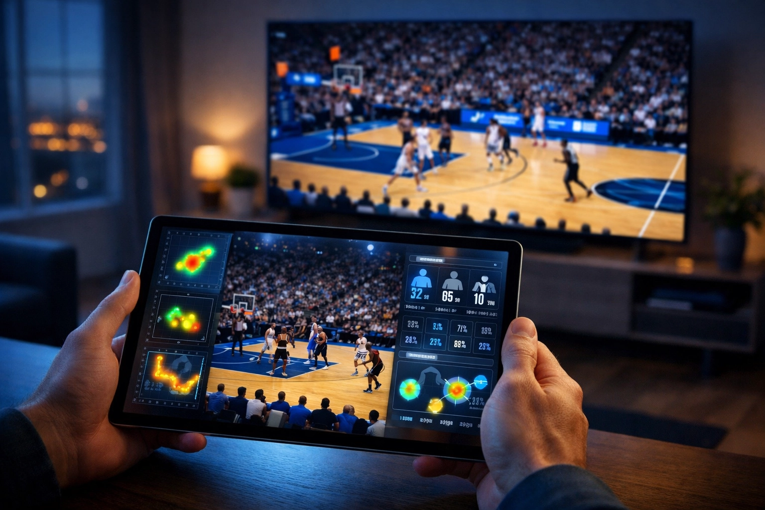 Interactive sports marketing on a tablet featuring live data overlays during a multi-screen game broadcast.