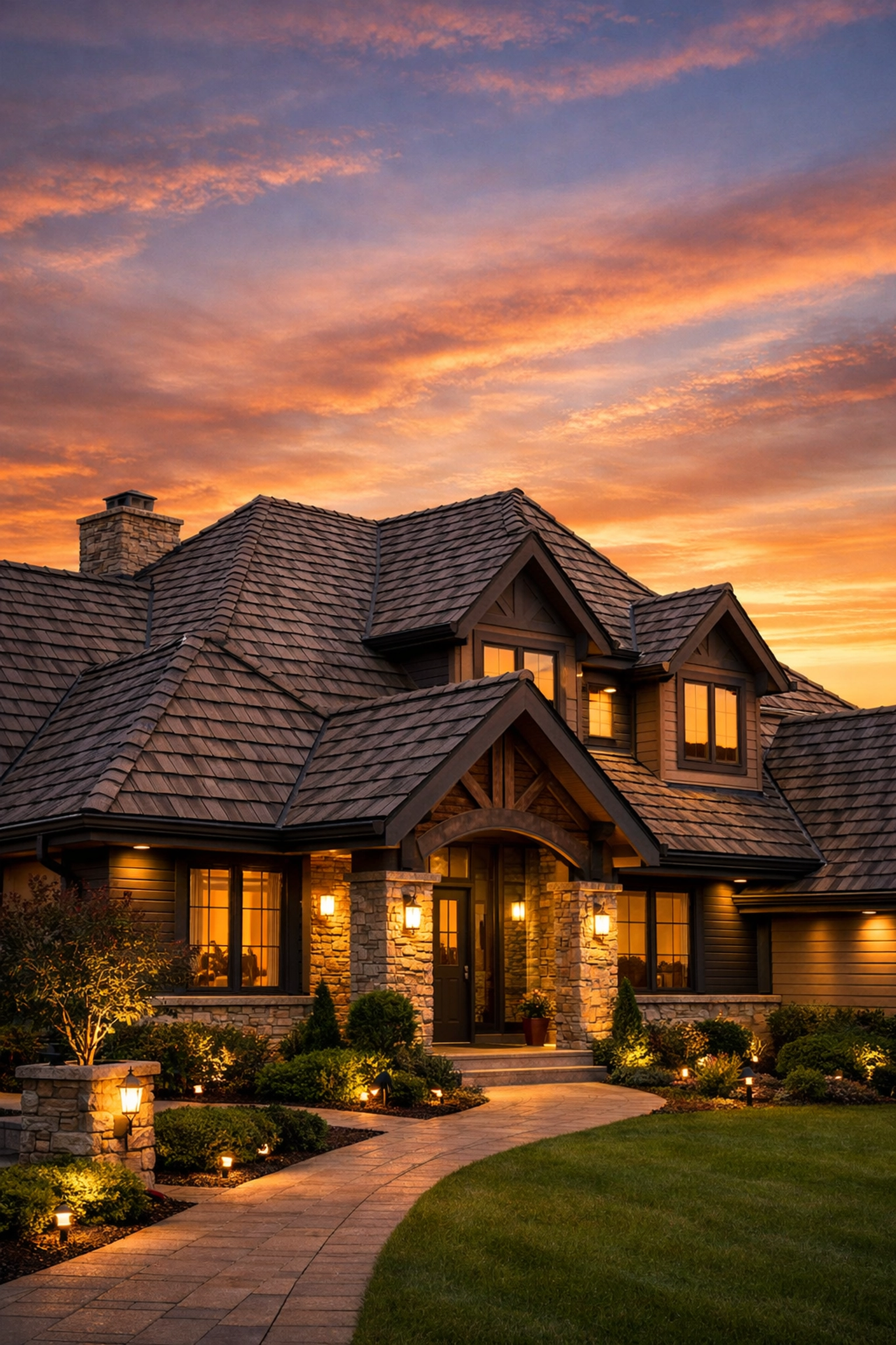 Durable architectural shingles on a luxury home providing an elegant wood-shake aesthetic and protection.