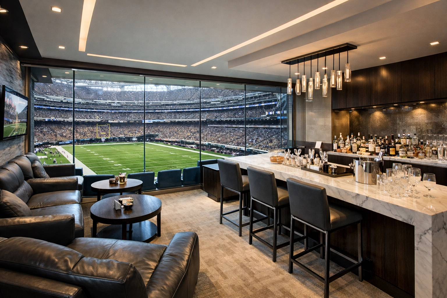 Luxury stadium suite interior with a football field view for Super Bowl corporate hospitality events.