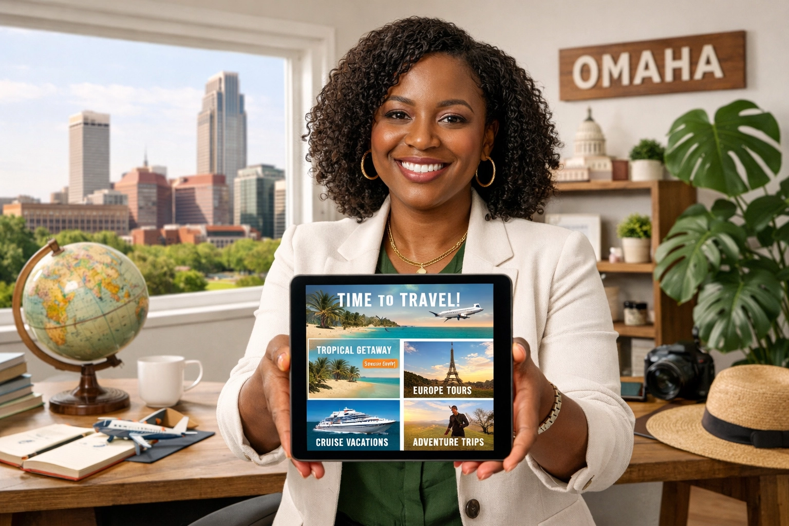 Omaha travel agent showing a custom travel itinerary on a tablet in a professional home office.