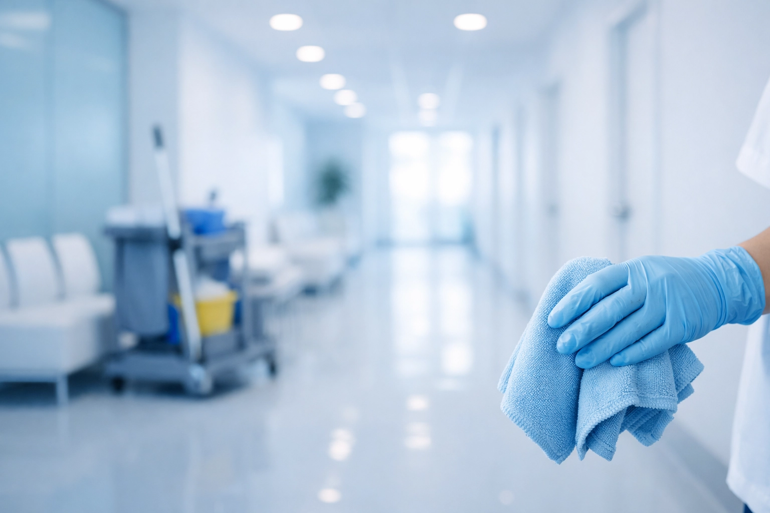 Color-coded healthcare cleaning supplies organized for proper medical facility disinfection