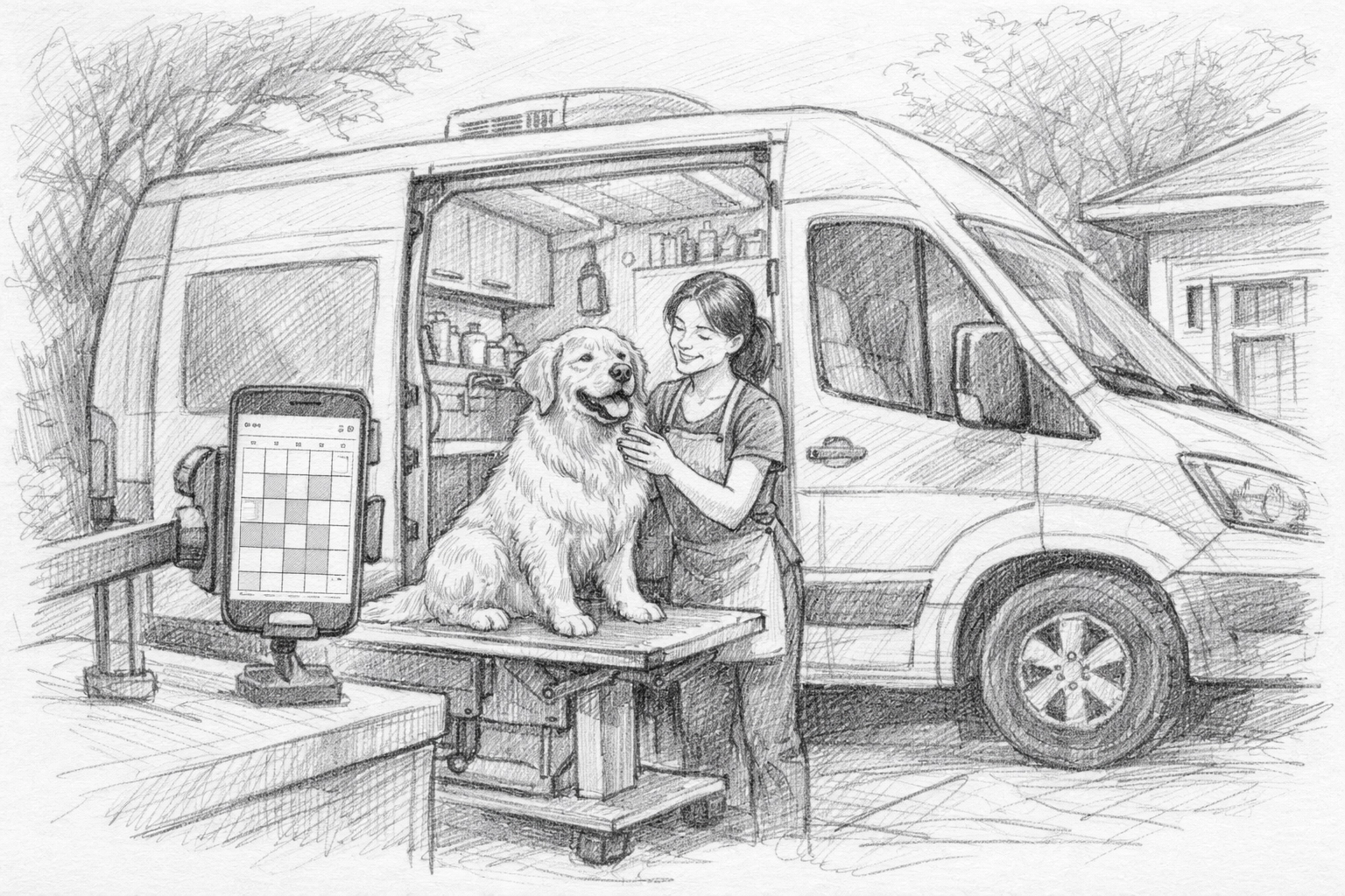 Mobile pet grooming van with organized automated scheduling system and happy groomer