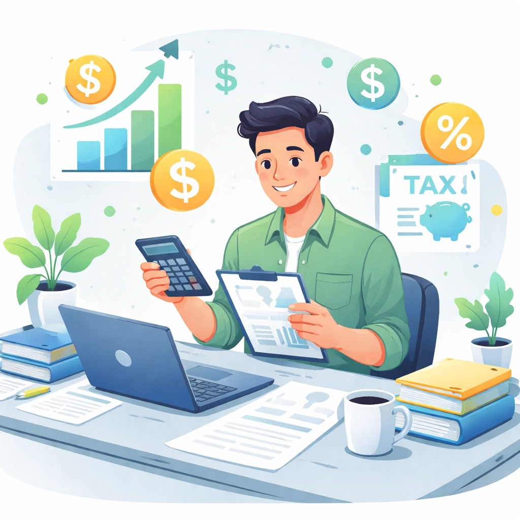 Small business owner reviewing financial documents at desk, symbolizing New Haven tax deductions and refund planning.