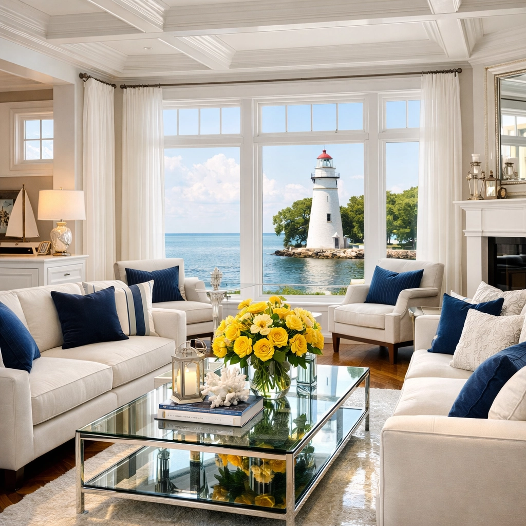 Gleaming luxury living room in Marblehead after a professional residential deep cleaning service.