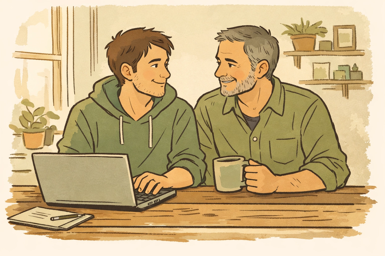 Gay men mentoring at table with laptop showing urban-rural LGBTQ+ community connection and support