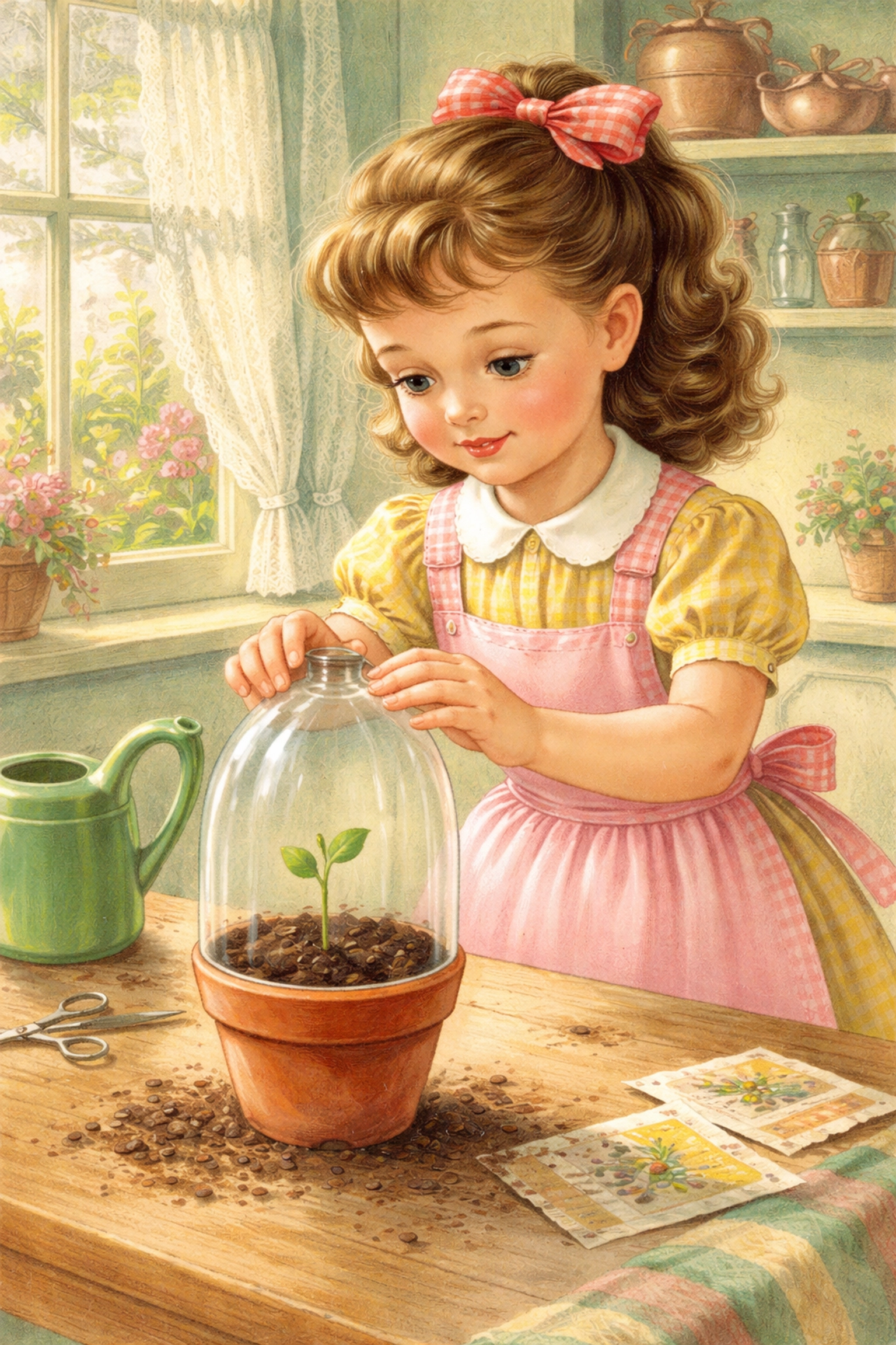 A young girl places a plastic bottle dome over a seedling in a cozy kitchen, building a mini greenhouse for seed starting.