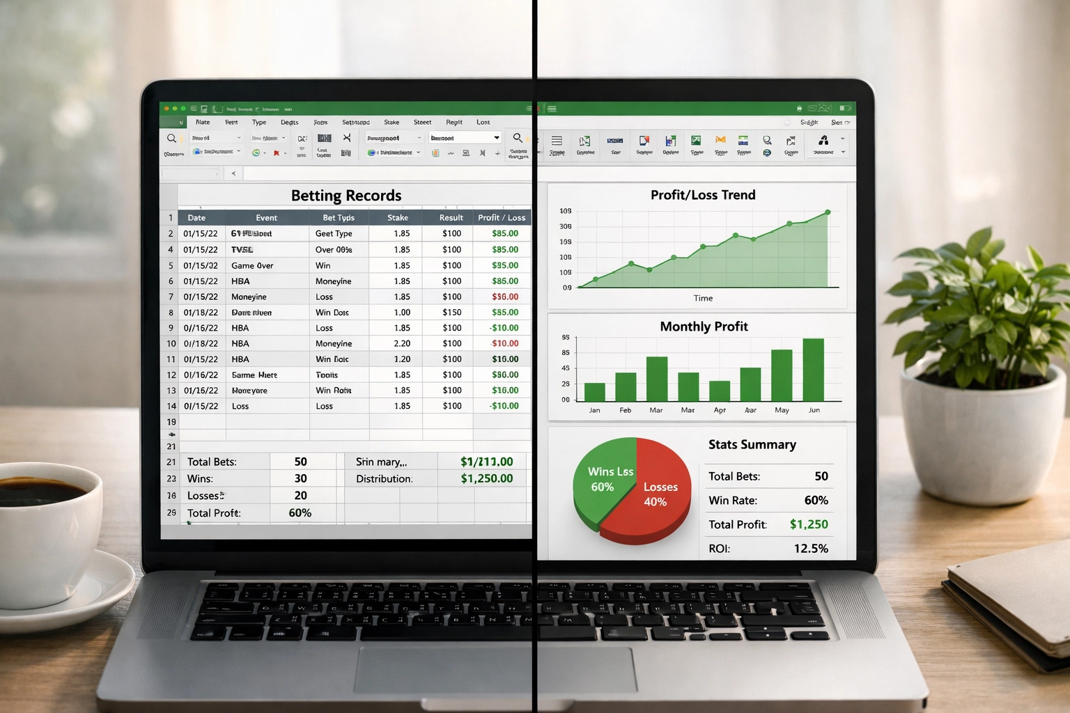 Excel-Tabelle zur Dokumentation von Sportwetten mit Gewinn-Verlust-Statistiken und Bankroll-Tracking