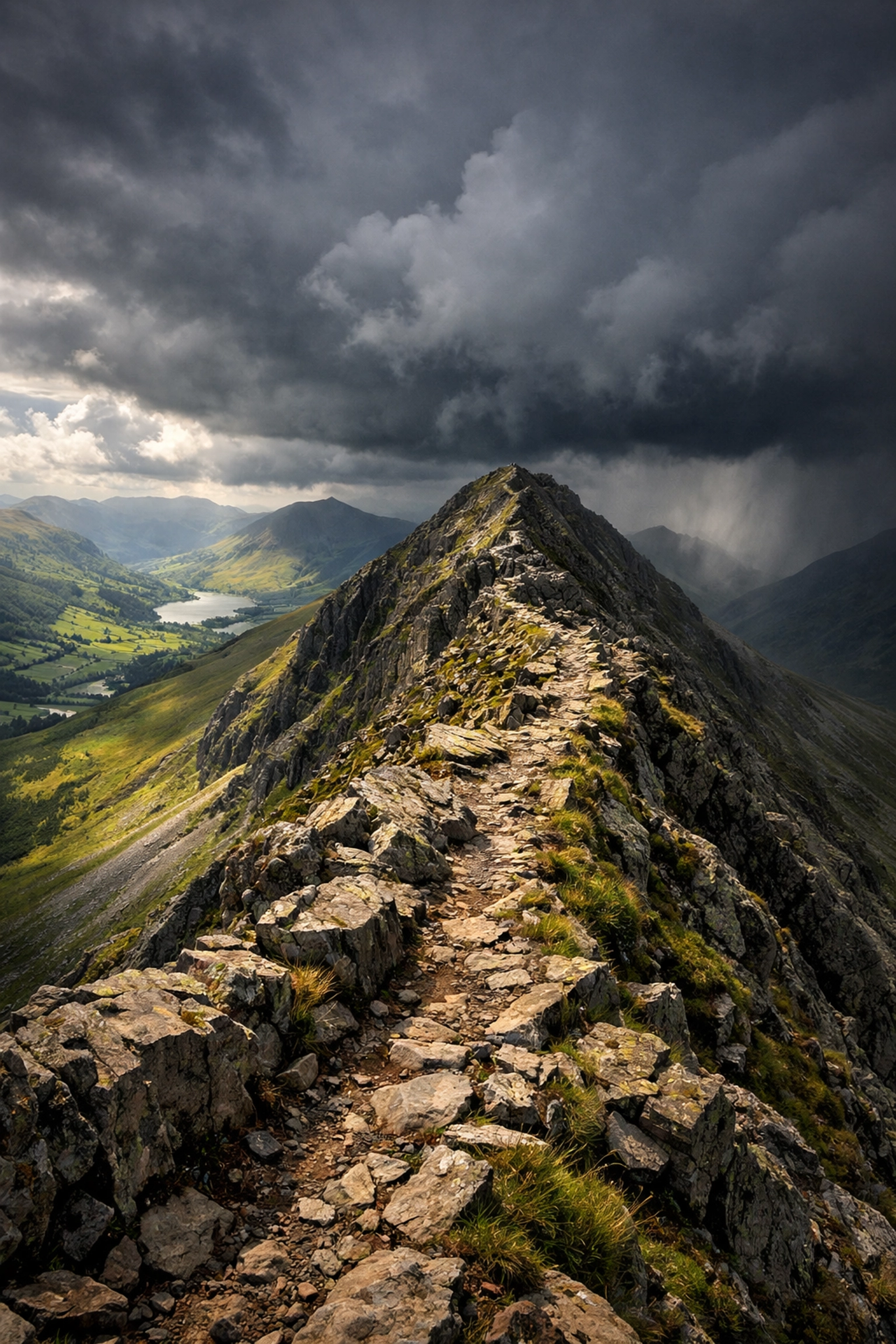 Steep rocky mountain ridge in Lake District showing dangerous terrain and storm conditions