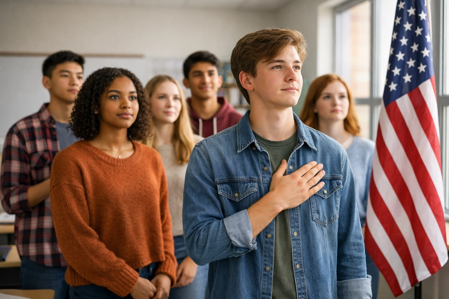 Modern students in a classroom reciting the Pledge of Allegiance to promote civic unity and education.