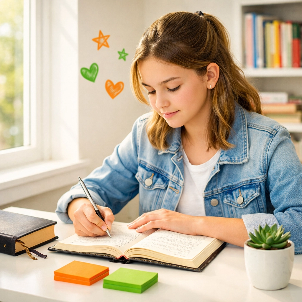 Teen girl practicing self-reflection and journaling as part of faith-based life skills development